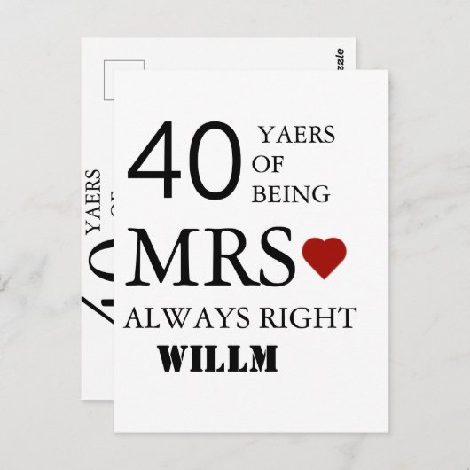 Carte Postale Coeurs mariage 40e anniversaire M. Mme Right (Devant / Derrière)