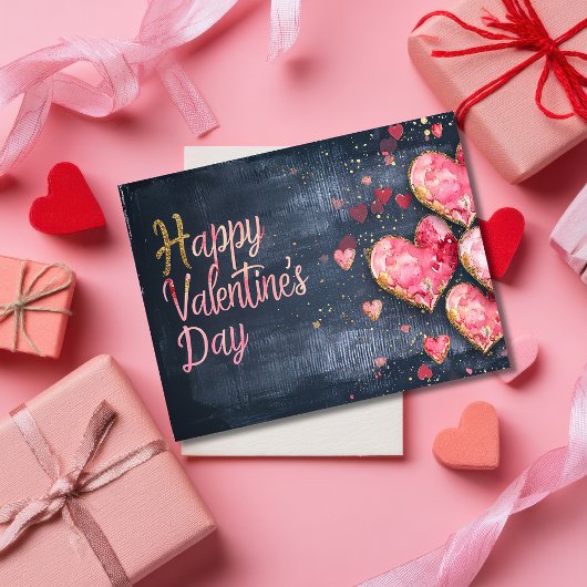 Carte Postale Coeurs roses et dorés sur terre sombre Valentine's