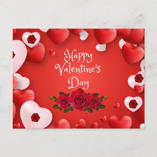 Carte Postale Coeurs rouges Heureuses Saintes-Valentin et Roses (Devant)