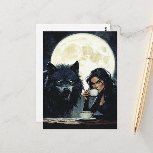 Carte Postale Coffee With the Wolf during a full moon (Devant/Arrière en situation)
