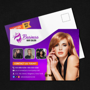 Carte Postale Coiffeur Moderne Violet Salon de Beauté Coiffeuse