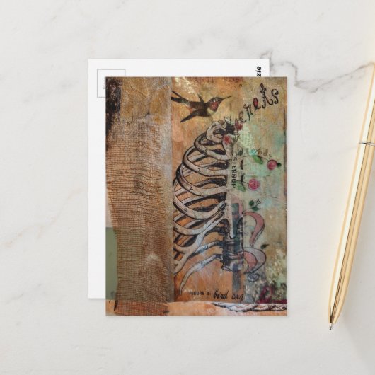 Carte Postale Colage en mixed media sur oiseau-mouche et cage th (Devant/Arrière en situation)