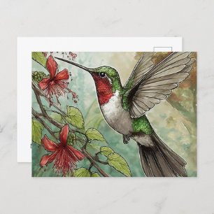 Carte Postale Colibri en vol avec Vigne rouge de trompette