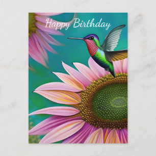 Carte Postale Colibri et tournesol rose