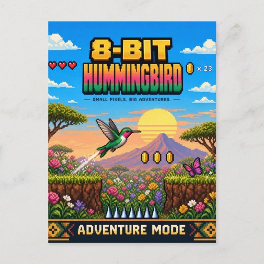 Carte Postale Colibri, Pixel Art Rétro 8 Bits (Devant)