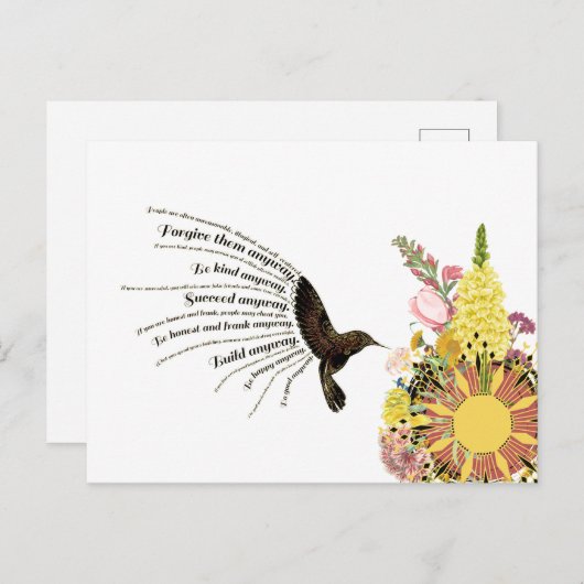 Carte Postale Colibri, soleil et fleurs (Devant / Derrière)