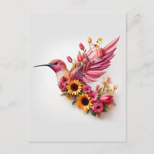 Carte Postale Colibri volant avec des fleurs (Devant)