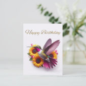 Carte Postale Colibri volant avec des fleurs Joyeux Anniversaire (Debout devant)