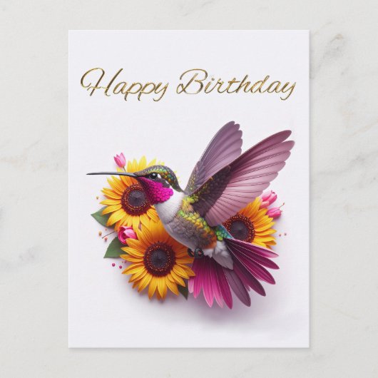 Carte Postale Colibri volant avec des fleurs Joyeux Anniversaire (Devant)