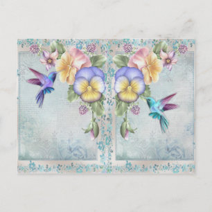 Carte Postale Colibris de style vintage et fleurs violettes