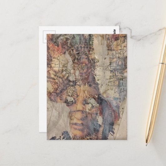 Carte Postale collage abstrait avec visage en technique mixte (Devant/Arrière en situation)
