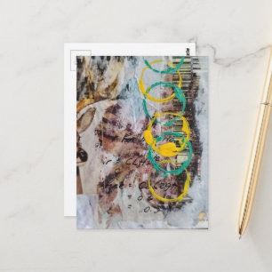 Carte Postale collage abstrait bleu jaune cercles vintage