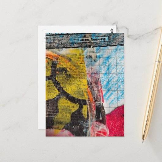 Carte Postale collage abstrait soleil jaune mots (Devant/Arrière en situation)