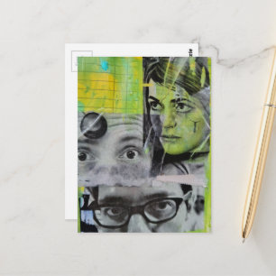 Carte Postale Collage Aléatoire de Visages Anciens sur Fond Vert