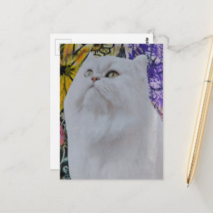 Carte Postale Collage Chat Blanc dans les Fleurs
