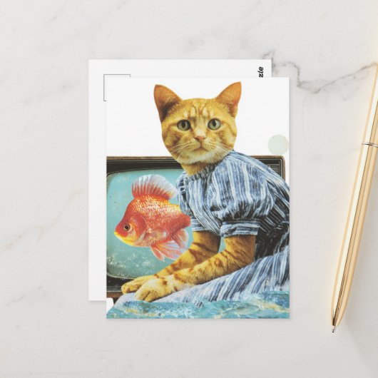 Carte Postale Collage de chat avec poisson rouge à la télé (Devant/Arrière en situation)