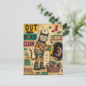 Carte Postale Collage de chat faisant la lessive (Debout devant)