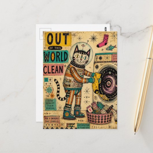 Carte Postale Collage de chat faisant la lessive (Devant/Arrière en situation)
