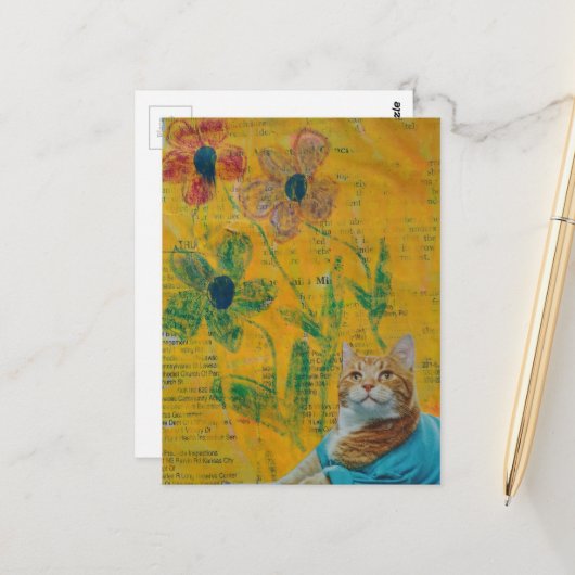Carte Postale Collage de chaton roux adorable et de fleurs (Devant/Arrière en situation)
