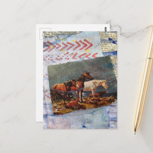 Carte Postale Collage de chevaux rétro en techniques mixtes (Devant/Arrière en situation)