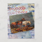 Carte Postale Collage de chevaux rétro en techniques mixtes (Devant)
