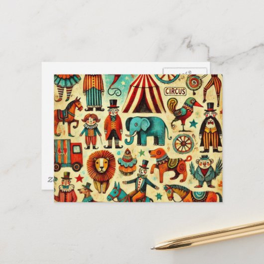Carte Postale Collage de cirque vintage (Devant/Arrière en situation)