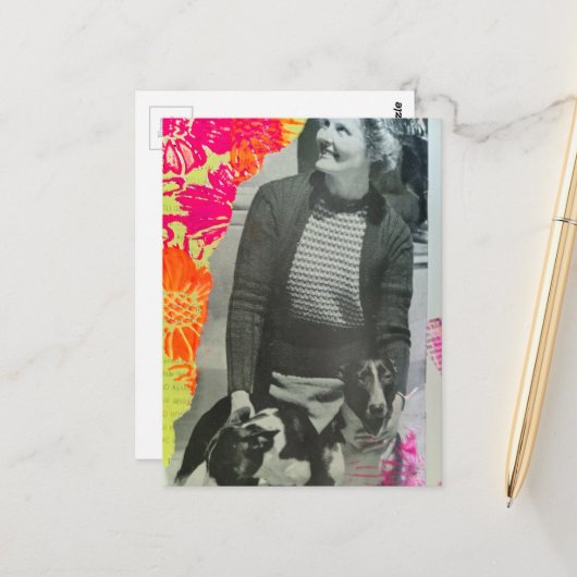 Carte Postale Collage de Dame avec Deux Chiens (Devant/Arrière en situation)