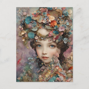 Carte postale collage de femme et de fleurs