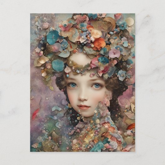 Carte postale collage de femme et de fleurs (Devant)