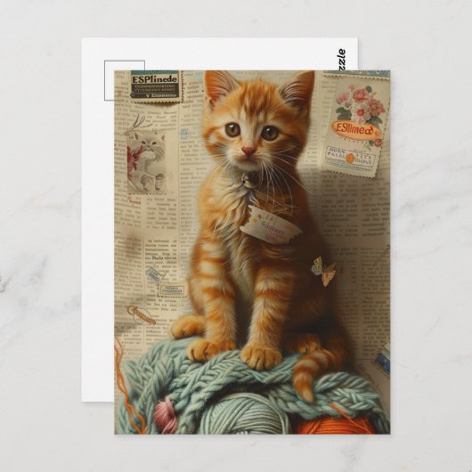Carte Postale Collage de fil de chaton gingembre en techniques m (Devant / Derrière)