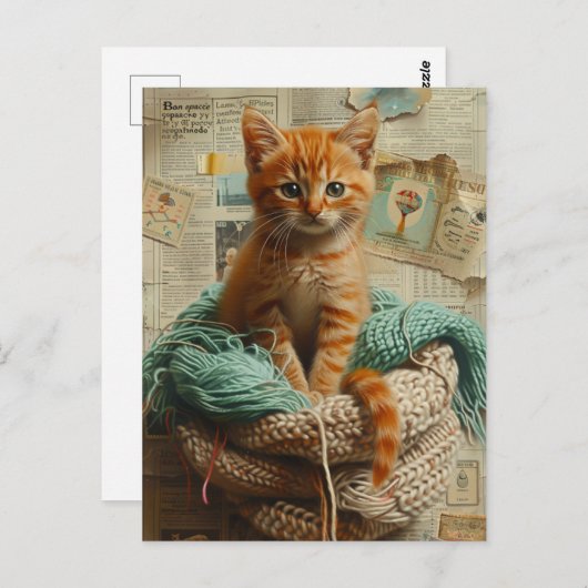 Carte Postale Collage de fil de chaton gingembre en techniques m (Devant / Derrière)