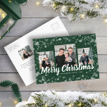 Carte Postale Collage de photos de Noël<br><div class="desc">Apportez une touche d'élégance festive à votre courrier de vacances avec cette carte postale de flocon vert et blanc, avec trois photos à l'avant et une à l'arrière. L'arrière - plan vert riche et les flocons de neige blancs complexes créent un look de vacances classique qui s'aligne magnifiquement avec vos...</div>