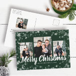 Carte Postale Collage de photos de Noël<br><div class="desc">Apportez une touche d'élégance festive à votre courrier de vacances avec cette carte postale de flocon vert et blanc, avec trois photos à l'avant et une à l'arrière. L'arrière - plan vert riche et les flocons de neige blancs complexes créent un look de vacances classique qui s'aligne magnifiquement avec vos...</div>