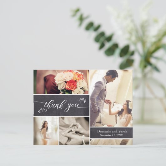 Carte Postale Collage de photos marquées Rustic Mariage Merci (Debout devant)