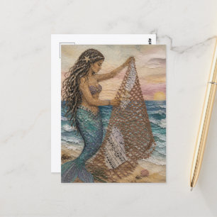 Carte Postale Collage de sirène avec filet de pêche