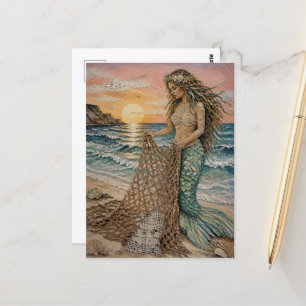 Carte Postale Collage de sirène avec filet de pêche