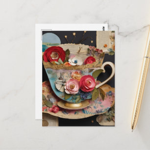 Carte Postale Collage de tasse à thé coloré en média mixtes flor