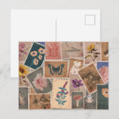 Carte Postale Collage de timbres postaux vintage de fleurs et de (Devant / Derrière)