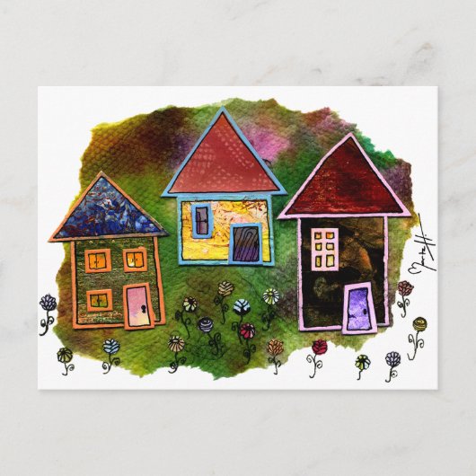 Carte Postale Collage de trois maisons avec fleurs (Devant)