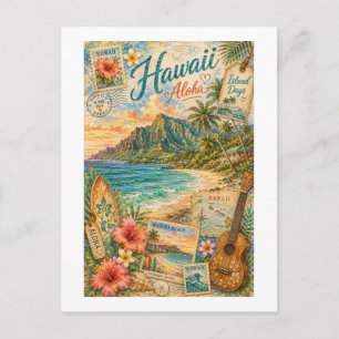 Carte Postale Collage de voyage vintage de l'île d'Hawaï
