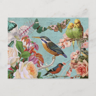Carte Postale Collage d'éphémères vintage roses papillons et ois