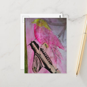 Carte Postale Collage d'un joli oiseau rose et jaune et d'un avi