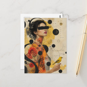 Carte Postale Collage d'une femme et d'un oiseau jaune