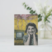 Carte Postale collage électrisant d'une femme rose jaune ciel (Debout devant)