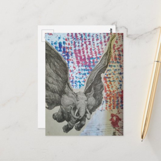 Carte Postale Collage éléphant volant fantastique (Devant/Arrière en situation)