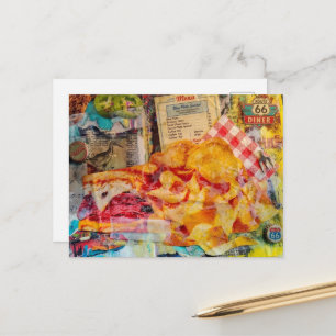 Carte Postale Collage en média mixtes de sandwich et de frites a