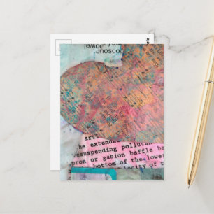Carte Postale Collage en techniques mixtes avec un cœur en parti