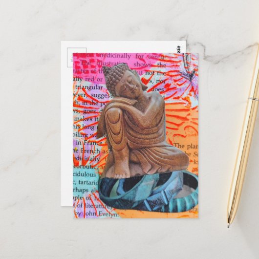Carte Postale Collage en techniques mixtes Bouddha Paix (Devant/Arrière en situation)