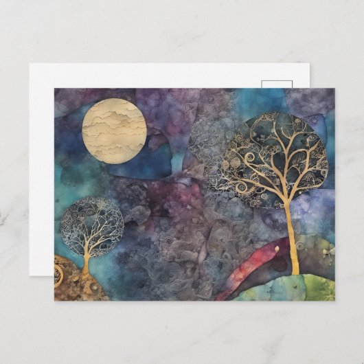 Carte Postale Collage en techniques mixtes d'arbre abstrait (Devant / Derrière)