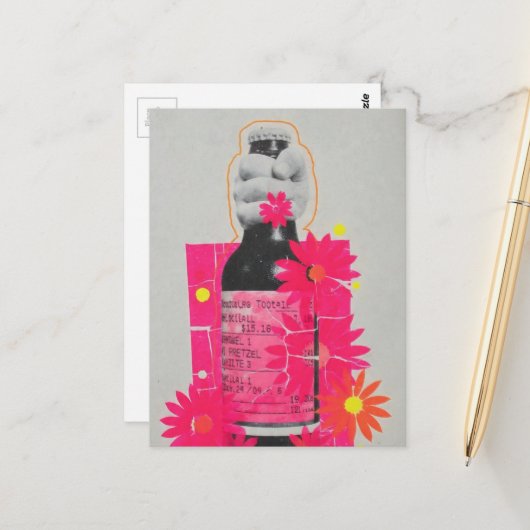 Carte Postale Collage en techniques mixtes de bouteille de Whisk (Devant/Arrière en situation)